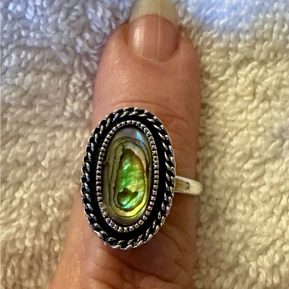 Elegant Silver and Green Abalone Ring, size 7